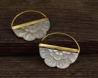 Mother of Pearl Earrings - Flower hoops with gold-tone bezel - for all standard piercings - small rising sun (162B)