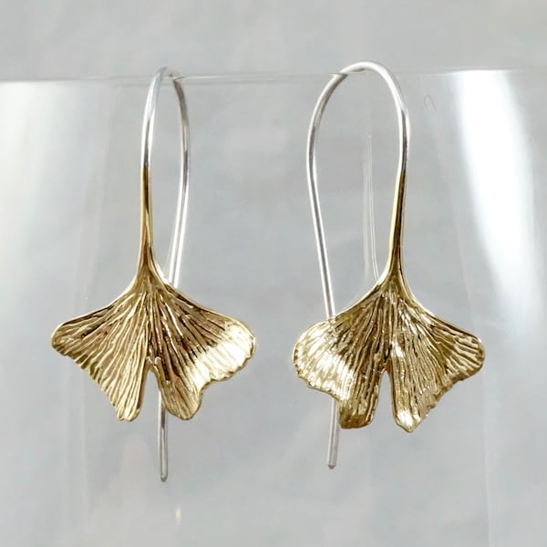 Leaf Earrings - Ginko Leaf Earrings - dangle earrings - brass and sterling (142B)