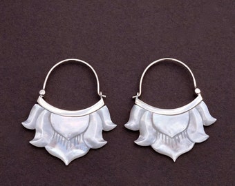 Lotus Flower Hoop Earrings  - Mother of Pearl set in Sterling Silver(320S)