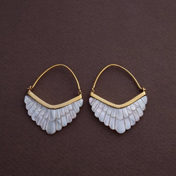 Feather Hoop Earrings  - Mother of Pearl set in Gold-tone bezel (324B)