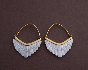 Feather Hoop Earrings  - Mother of Pearl set in Gold-tone bezel (324B)