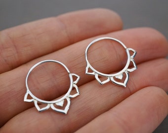 Star Flower Earrings -  Solid Sterling Silver Hoops - Sleeper hoops - 14mm - One Pair - (296S)