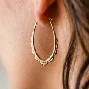 Oval Hoops - Gold-Tone Scalloped Hoop Earrings with solid sterling ear-wire - Everyday Earrings - Delicate Boho Hoops (114B)