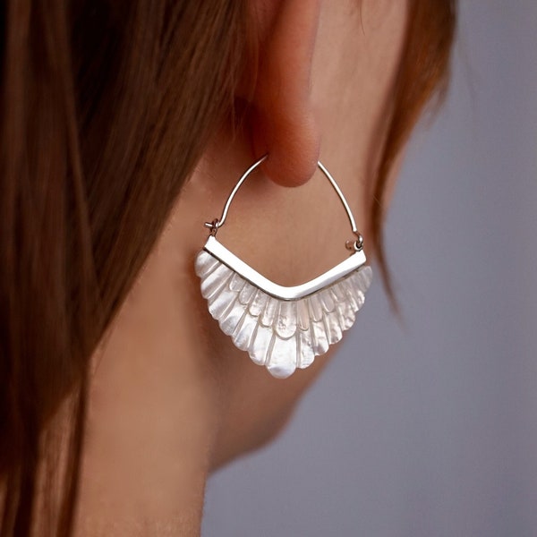 Feathered Hoop Earrings  - Mother of Pearl with Sterling Silver (324S)