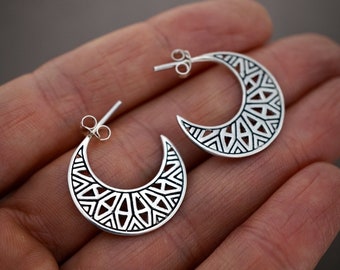 Half Moon Mandala Hoops Earrings Small - Solid Sterling Silver (302S)