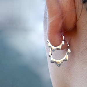 Sterling Silver Hoops Two Sets - Flower petal Sleeper Earrings  9mm, 14mm -  Artisan Brass w/ Silver Hoops (276S, 278S)