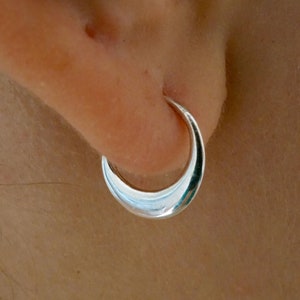 Tiny Crescent Moon Hoops - Huggie Hoop - Solid Silver + Gold -  Minimalist Everyday Earrings