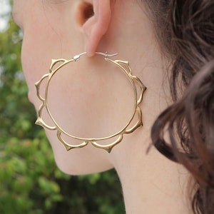 Large Mandala Hoop Earrings in Brass with Sterling Posts (066B)