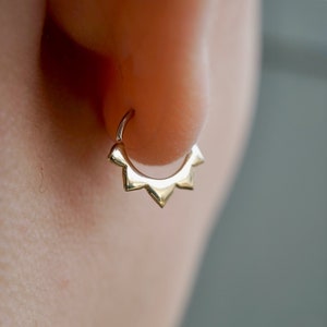 Tiny Sunflower 9mm Petal Sleeper Hoops - Cartilage, helix, daith, septum piercing - Artisan Brass w/ Silver Hoops (278B)