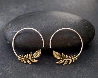 Blatt Hoop Ohrringe Natur Schmuck - Olive Blatt Ohrringe - Gold-Ton mit massiven Sterling Creolen (134B)