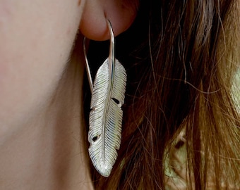 Silver Feather Dangle Earrings  - Solid Sterling Silver (172S)