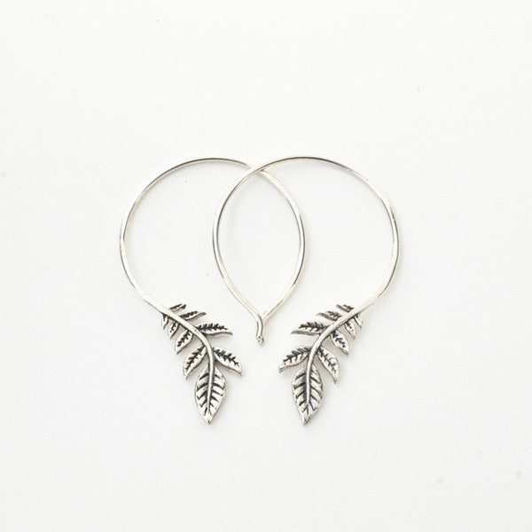 Silver leaf hoop earrings - olive Leaf peace jewelry -  solid sterling silver mothers day gift (136S)