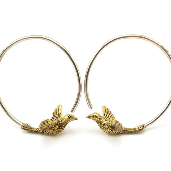 Small Bird Hoop Earrings -  Blue Bird Earrings - Gift for Birder (156B)