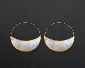 Crescent Moon Earrings - Mother Of Pearl Hoops - Eclipse Statement earrings - Lunette (167B)