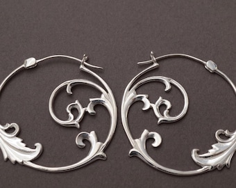 Large Hoop Earrings • Silver Floral Vine Art Nouveau Leaf Hoops (S98)