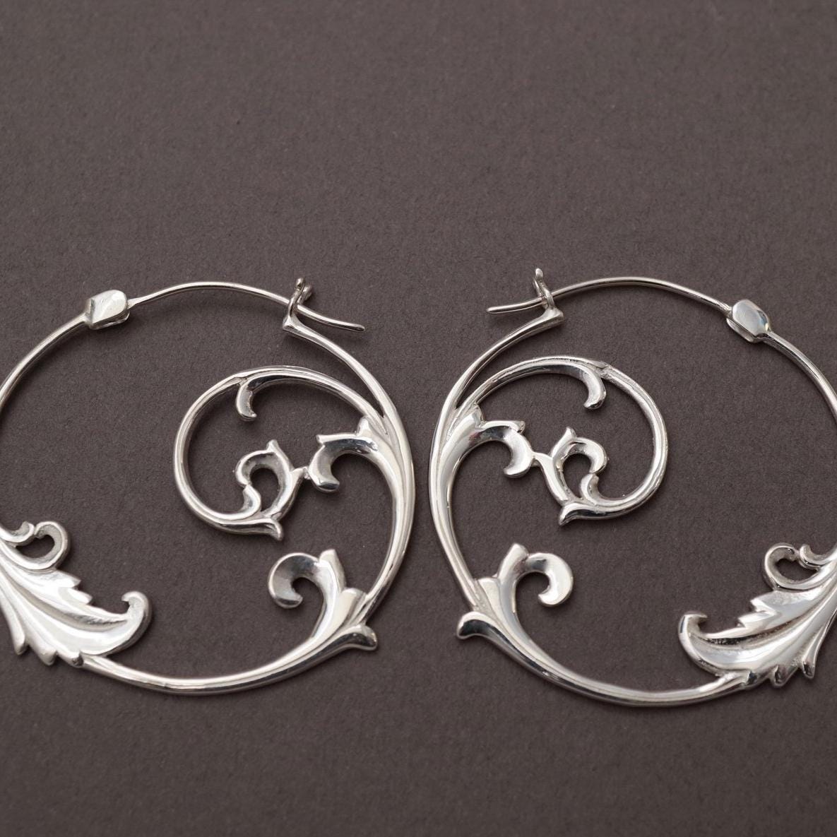 Large Hoop Earrings • Silver Floral Vine Art Nouveau Leaf Hoops