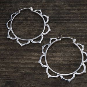 Medium Tribal Lotus Hoop Earrings in Solid Sterling Silver (082S)