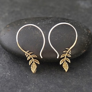 Boucles d'oreilles feuille - Bijoux branche d'olivier - Argent et or (136)