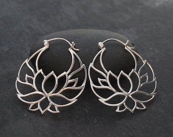 Lotus Earrings - Solid Sterling Hoops - Statement Flower Earrings - Medium  (102S)