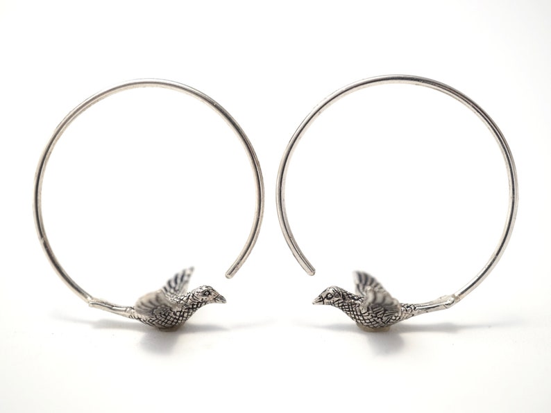 May include: Silver hoop earrings with a small bird charm hanging from each hoop.
