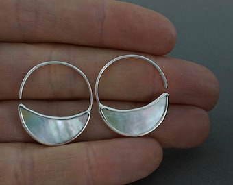 Small Mother of Pearl Crescent Moon Hoop Earrings with Sterling Silver  -  Hand-carved