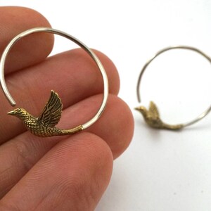 May include: A pair of silver hoop earrings with a gold bird charm attached to each hoop.