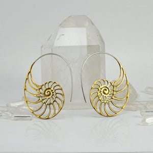 Ammonite Earrings - Fibonacci Spiral Nautilus Shell Earrings - Seashell Tribal Brass Ocean Jewelry