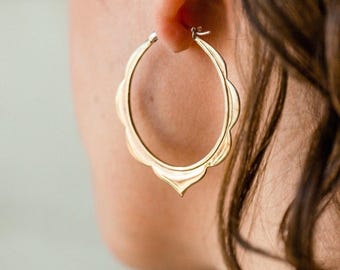 Large Moroccan Scallop Hoop Earrings • 2 Inch Gold Brass Boho Statement Jewelry (116)