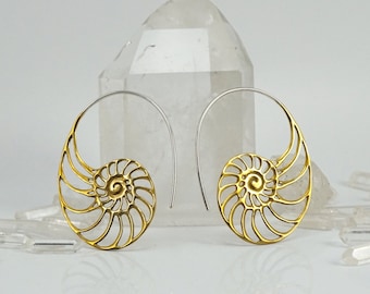 Ammonite Earrings - Fibonacci Spiral Nautilus Shell Earrings - Seashell Tribal Brass Ocean Jewelry