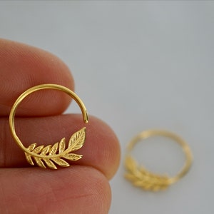 Tiny Leaf Hoops 14mm Earrings Solid Sterling Silver One Pair Nature Jewelry Olive Leaf Sleeper 232S 14K Gold-Plated