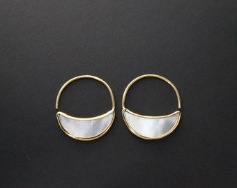 Small Crescent Moon Earrings - Mother Of Pearl Hoops - Eclipse Statement earrings - (248B)