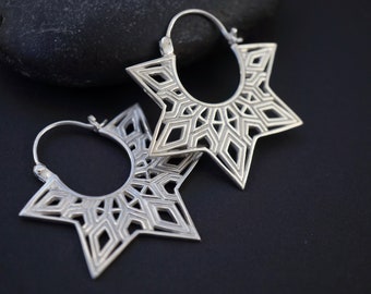 Mandala Earrings - Sterling Silver - Star Earrings - Tunnel Earrings - Gold Star - Boho Hoops (244)