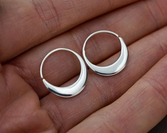 Crescent Moon Hoops 14mm - Solid Sterling Silver Earrings - Sleeper Hoops (S260)