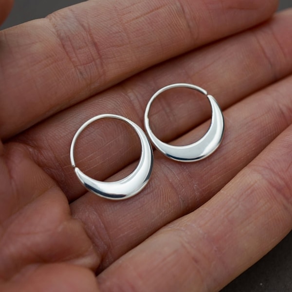 Crescent Moon Hoops 14mm - Solid Sterling Silver Earrings - Sleeper Hoops (S260)