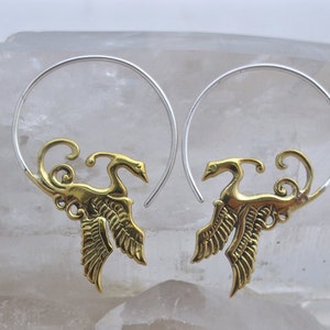 Phoenix Bird Hoop Earrings Gold-tone with Sterling Hoops (052B)