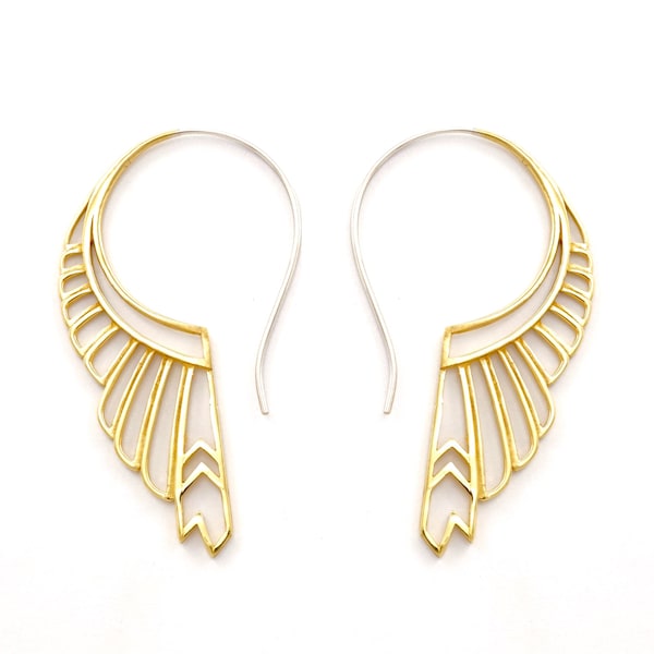 Large Feather Wing Earrings - gold-tone with sterling silver ear-stems - Huntress (b246)