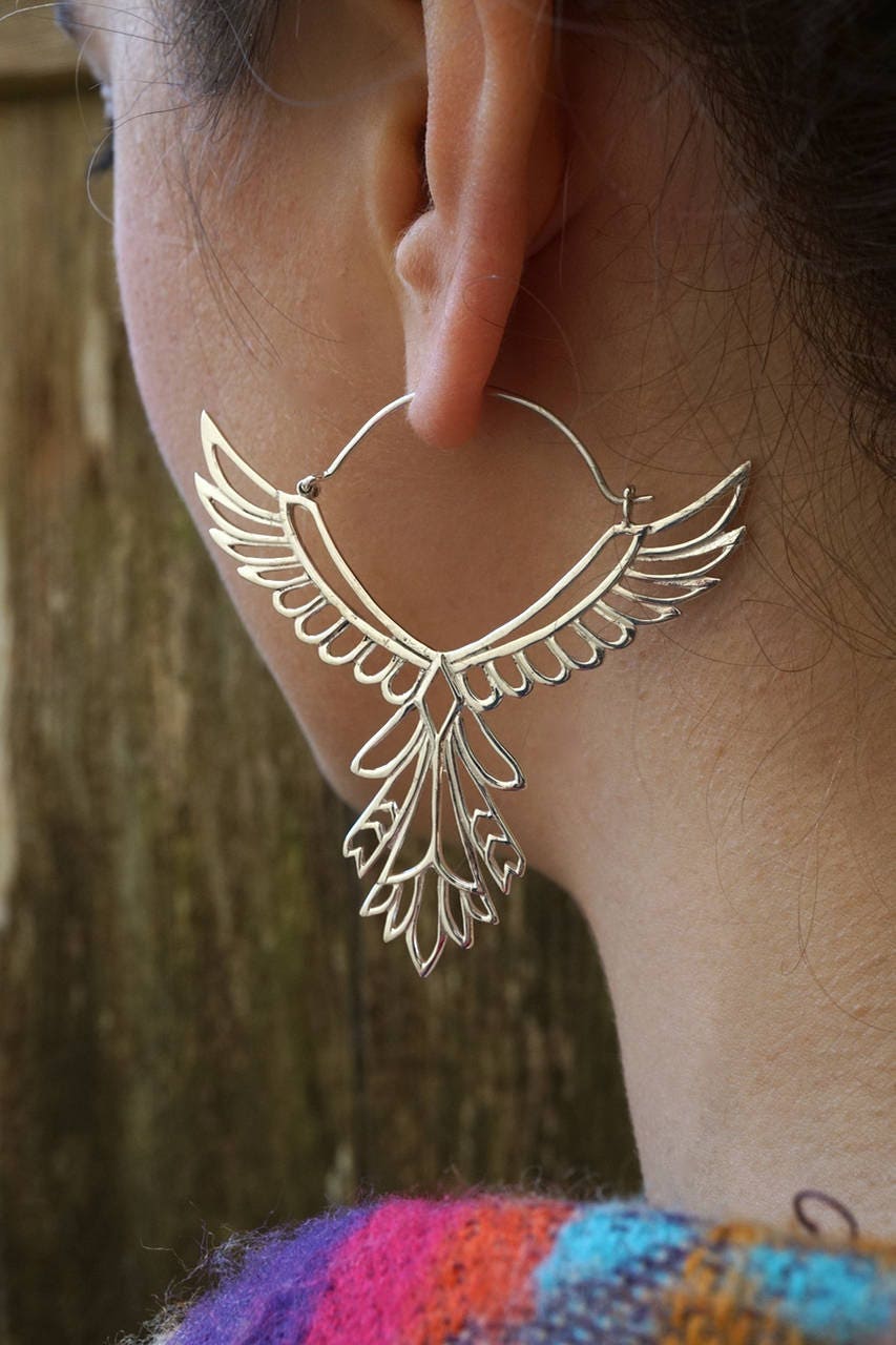 Vintage Sterling Silver Hoop Earrings Turquoise Phoenix Bird