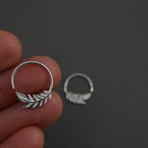 Tiny Leaf Hoops 14mm Earrings Solid Sterling Silver One Pair Nature Jewelry Olive Leaf Sleeper 232S image 4