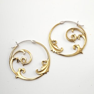 Golden Hoop Earrings - Art Nouveau Jewelry - Floral Vine Hoop Earrings - Leaf Earrings - Medium Hoops (098B)
