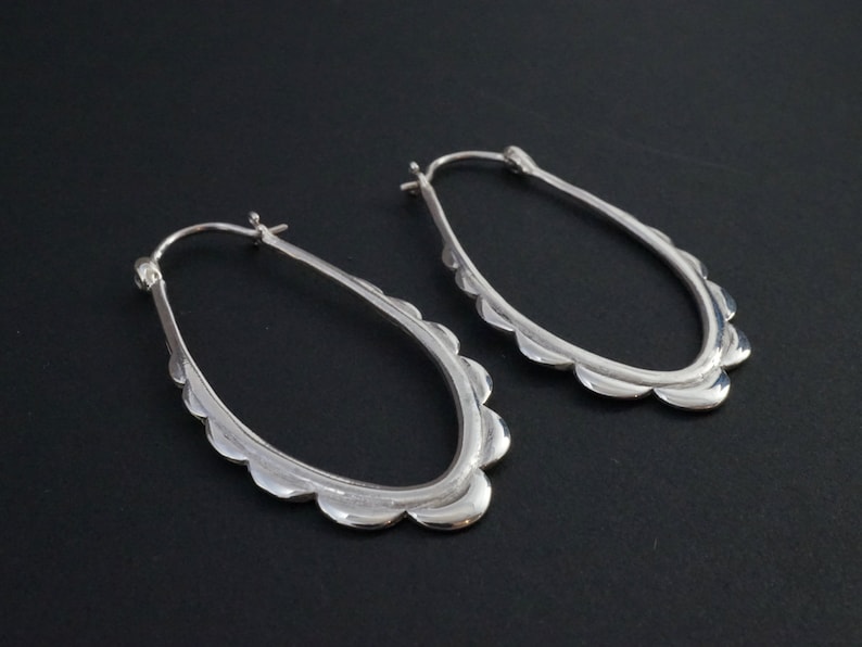 Sterling Silver Oval Hoops Everyday Earrings Scalloped | Etsy