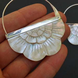 Large Mother of Pearl Earrings - Flower hoop earrings - Sterling Silver - for all standard size piercings (s160)