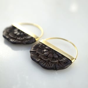 Wood Earrings - Flower earrings - Flower Hoop Earrings Small - Goldtone (163B)