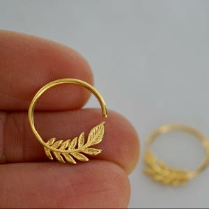 Tiny Leaf Hoop Earrings - Nature Jewelry - 14mm Olive Leaf Sleeper - Gold + Silver