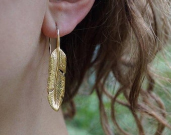 Gold Feather Earrings • Feather Jewelry • Nature Inspired Jewelry Brass (172)