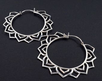 Mandala Star Earrings - Solid Sterling Silver Hoop Earrings - Yogi Jewelry - Statement Earrings (194S)