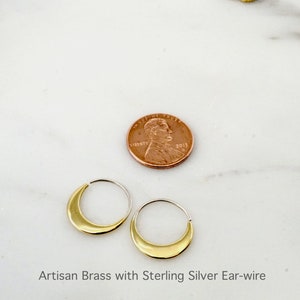 Crescent Moon Hoops 14mm Solid Sterling Silver Earrings Sleeper Hoops S260 Brass w/ 925 Hoops