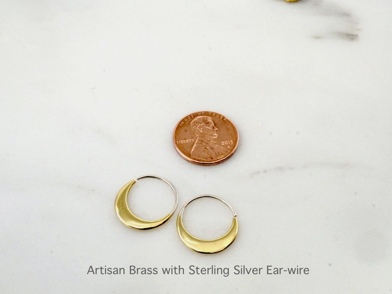 Crescent Moon Hoops 14mm Solid Sterling Silver Earrings Sleeper Hoops S260 Brass w/ 925 Hoops