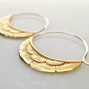 Crescent Moon Flower Earrings | Medium Hoop Art Nouveau Gold Tone (B238)