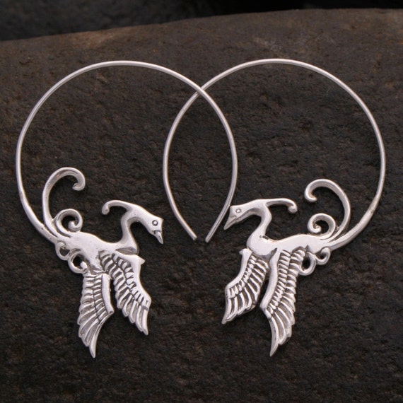 Rising Phoenix Bird Earrings in Solid Sterling Silver (S52)