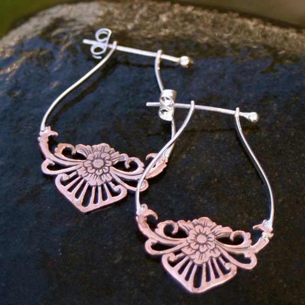 Flower Hoop Earrings - Copper with Sterling Silver - Blooming